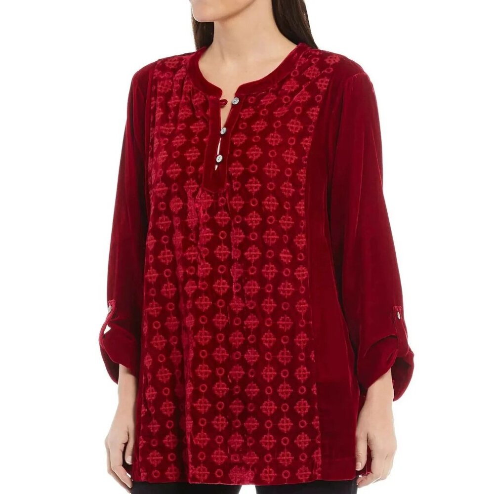 JOHN MARK Velvet Embroidered Long Sleeve Popover Blouse Red Women's Size Medium